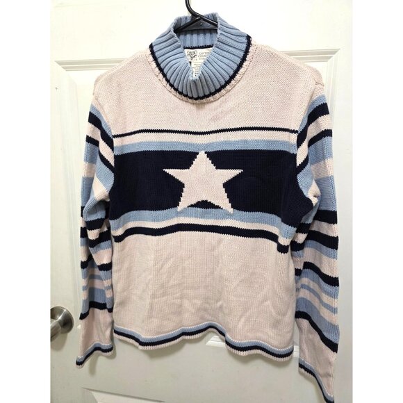 Vintage Cotton County Star Knit Sweater With Striped Pattern Turtleneck Design W - Picture 2 of 8
